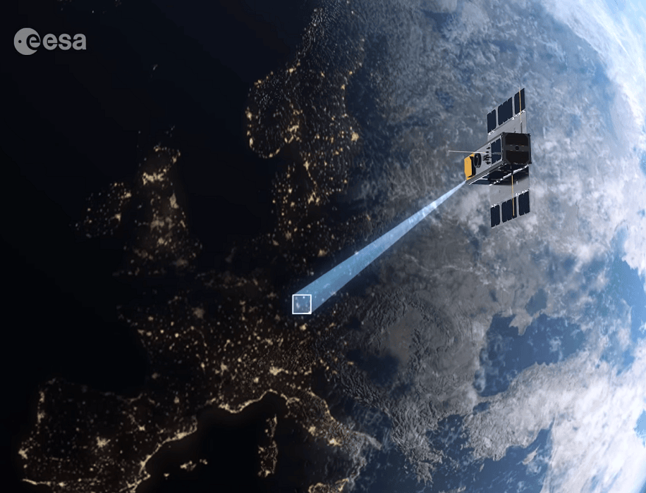 Rendering of the OPS-SAT PRETTY spacecraft in orbit